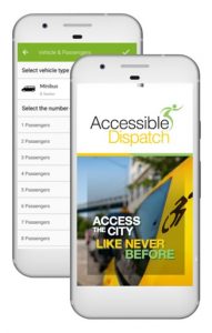 Cell phone open to the Accessible Dispatch mobile app. The screen shows the Accessible Dispatch logo with 'Access the City like never before' on the backdrop of a yellow taxi.